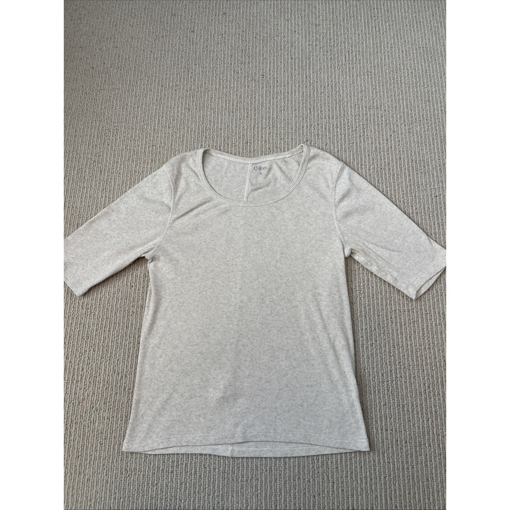 Quince Organic Cotton Micro Rib Elbow Sleeve Tee Heathered Oatmeal Womens Medium